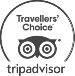 An image showing the TripAdvisor logo with circular badge and goggles icon, plus the text &ldquo;Travelers&rsquo; Choice&rdquo; and &ldquo;tripadvisor,&rdquo; all in grayscale.