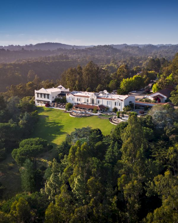 A sprawling estate with multiple white buildings nestled in a dense forest, perched on a hillside under a clear blue sky.
