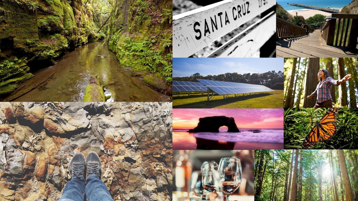 The image collage features nature scenes, a Santa Cruz sign, solar panels, a person in a forest, a person&rsquo;s feet on rocky ground, sunset over an arch rock, wine glasses, and a butterfly.