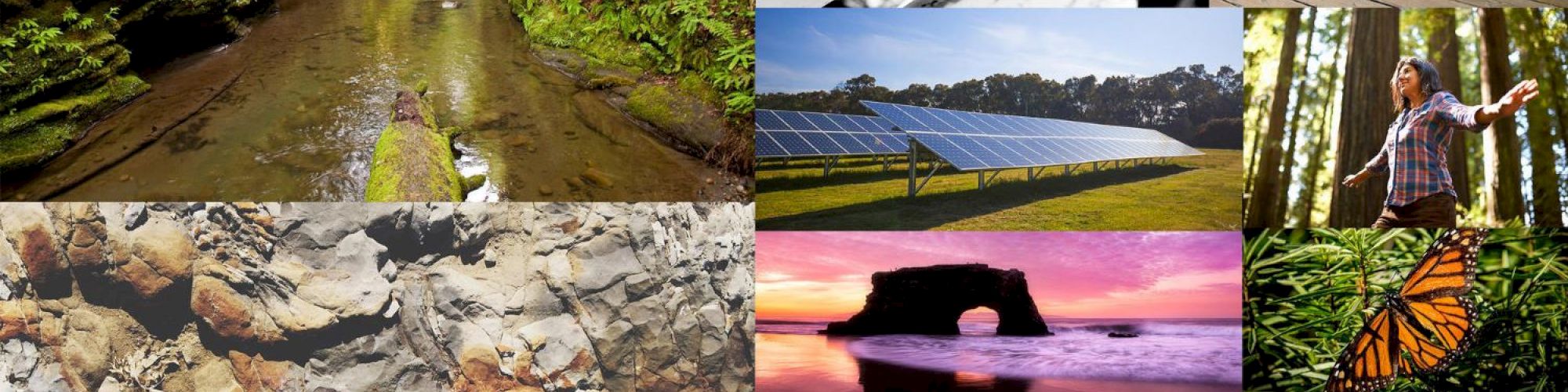 The image collage features nature scenes, a Santa Cruz sign, solar panels, a person in a forest, a person&rsquo;s feet on rocky ground, sunset over an arch rock, wine glasses, and a butterfly.