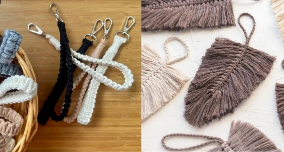 The image shows braided keychains with metal clips in a basket on the left, and macram&eacute; feather decorations in various neutral tones on the right.