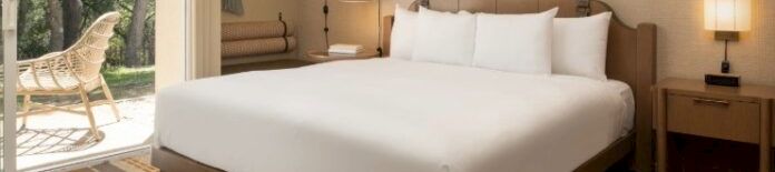 A bright hotel bedroom with a large white bed, bedside tables and lamps, and a wide window opening to a patio with greenery.