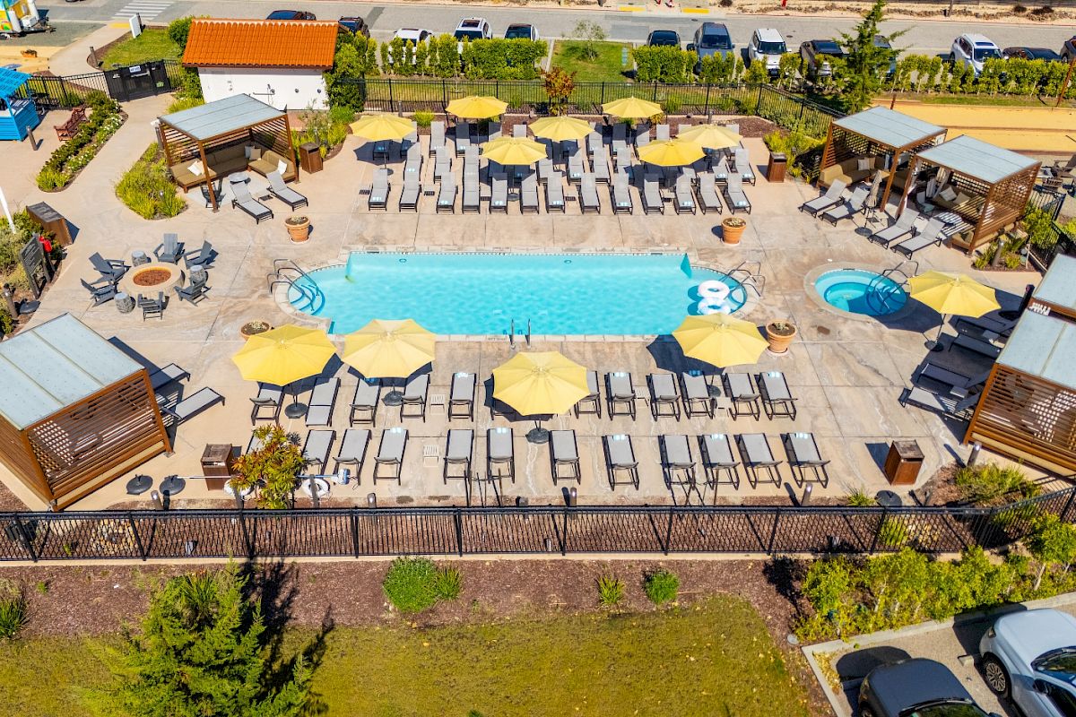 A sunny backyard pool area with lounge chairs, yellow umbrellas, and outdoor seating surrounding a large swimming pool.