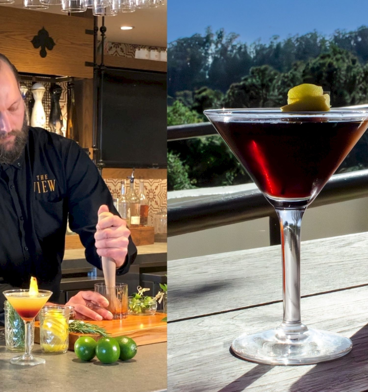 A bartender prepares cocktails with fresh ingredients at a bar, with two drinks displayed outdoors near a scenic view.