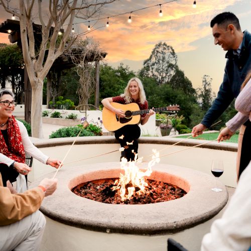 Group of diverse friends sits around a fire pit while a guitarist plays at sunset, with string lights overhead.