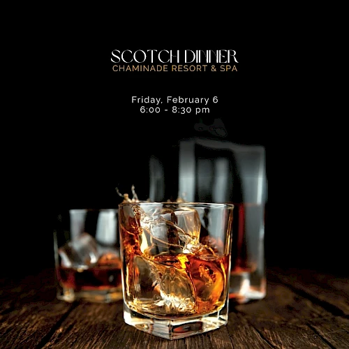 A promotional poster for a Scotch whisky event featuring a glass with whiskey on a wooden bar, dark background, and event details.