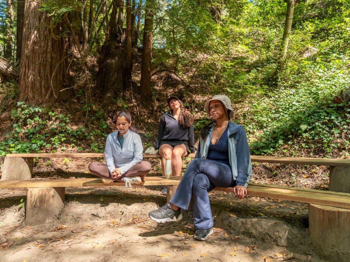 Three women relax on a wooden bench in a lush forest, enjoying a sunny day outdoors.